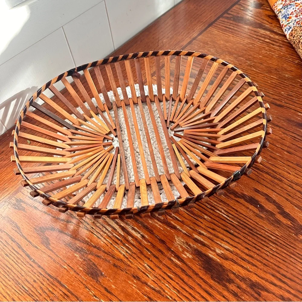 Vintage MCM bamboo wood slat basket oval shape